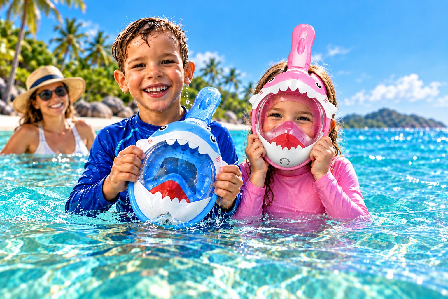Boy holding a blue shark mask beside a girl wearing a pink shark mask, with their parent nearby in turquoise water